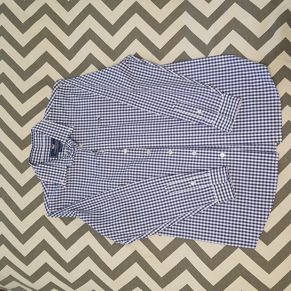 Blue gingham YL Vineyard Vines Whale Shirt